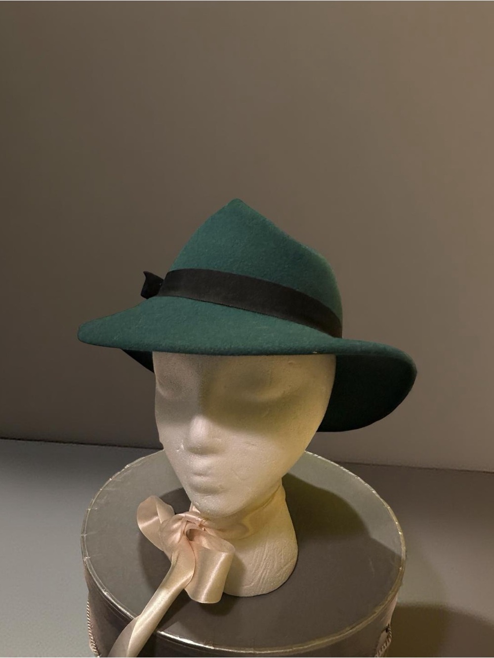Adolfo Emerald Green Felt Wide-Brim Fedora with Black Ribbon